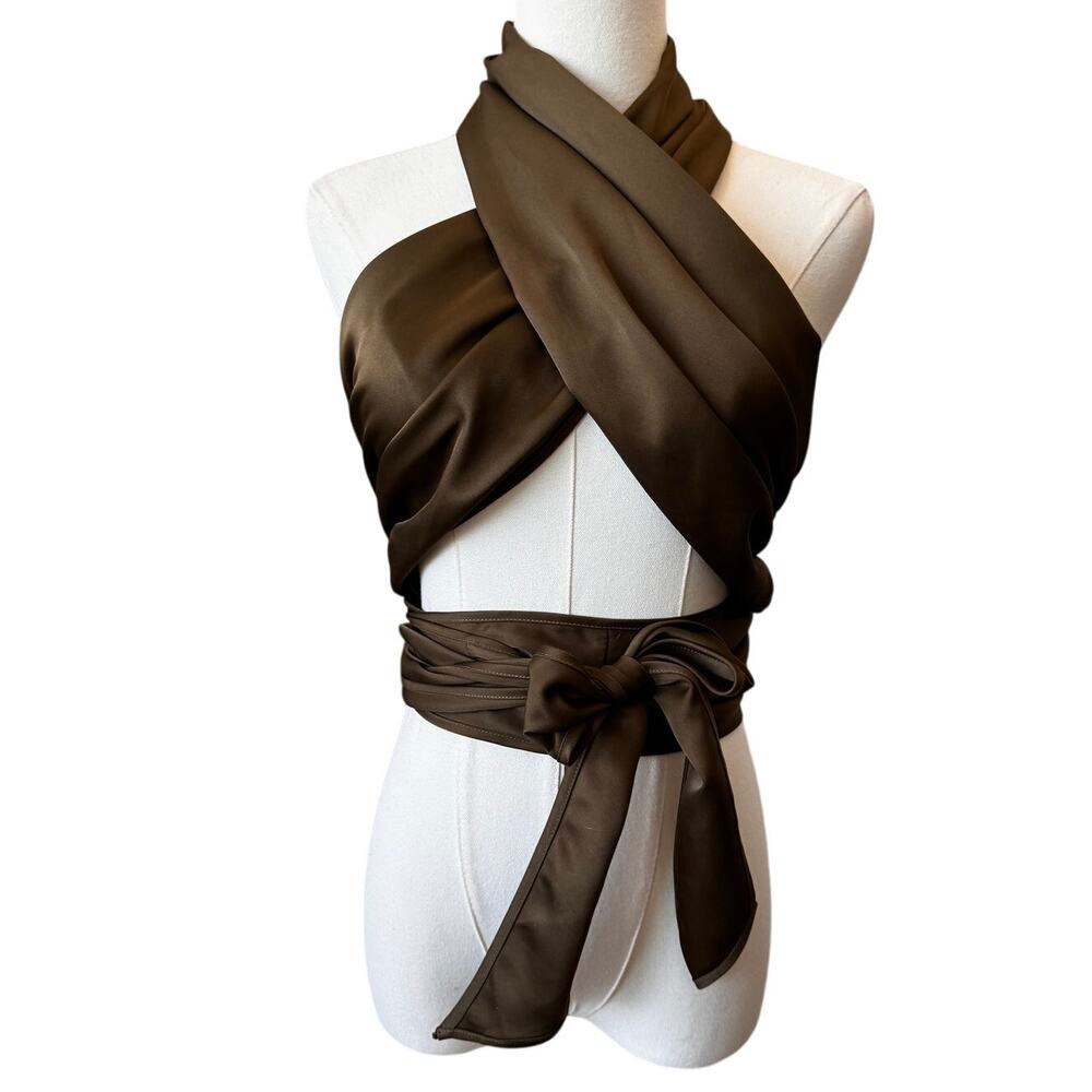 New REVOLVE LPA Women's Taupe Criss Cross Cropped Gathered Wrap 532 Top Size L - Picture 6 of 10